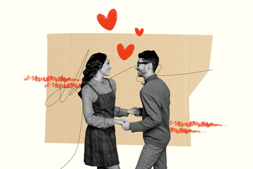 Creative abstract graphics collage image of charming happy couple holding arms dancing together...