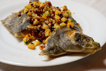Finkenwerder Scholle Whole Plaice Finkenwerder Style with Diced Bacon and Potato