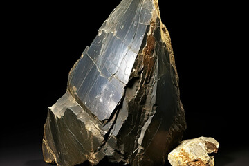 Samarskite is a rare precious natural stone on a black background. AI generated.