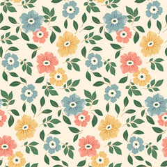 Seamless floral pattern, liberty ditsy print, flower ornament in folk, rustic motif. Cute botanical design: small hand drawn flowers, little leaves on white background. Vector romantic flower pattern.