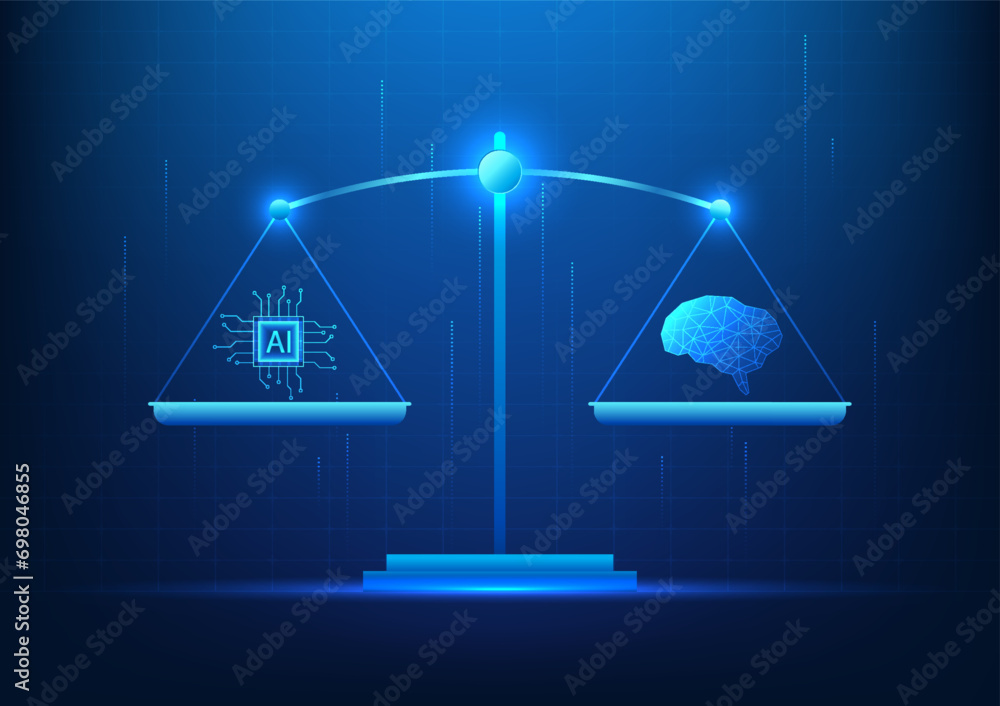 Poster weighing scale technology artificial intelligence scale with the human brain it shows how ai and the