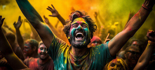 Portrait of  boy being showered by colored powders during holi