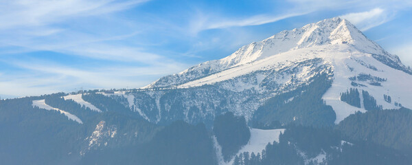 Bansko, Bulgaria Todorka peak, winter landscape panorama banner, snow Pirin mountain