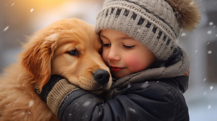 Child hugging dog in winter, holiday