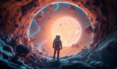 Astronaut cosmonaut discovery of new worlds of galaxies panorama, fantasy portal to far universe. Astronaut space exploration, gateway to another universe. 3d render