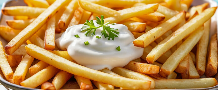 Close up of golden brown French fries and sauce. Generative Ai
