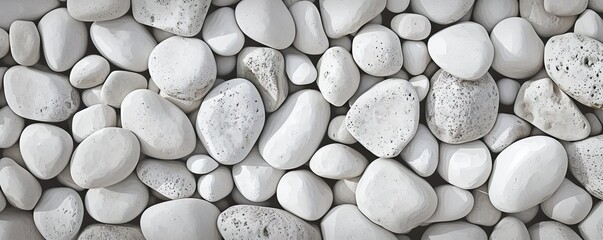 Collection of various rocks and pebbles. Smooth white stones with intricate patterns create...