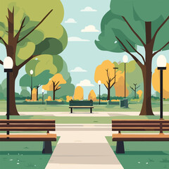 City summer park with green tree benches, paths and lanterns. City park landscape nature. Cartoon vector illustration - obrazy, fototapety, plakaty