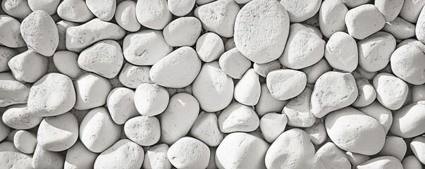 Collection of various rocks and pebbles. Smooth white stones with intricate patterns create abstract and soothing composition. Light and shadow enhances texture and depth to arrangement - obrazy, fototapety, plakaty