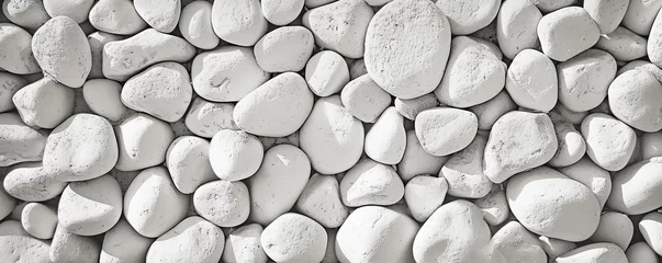 Foto auf Acrylglas Collection of various rocks and pebbles. Smooth white stones with intricate patterns create abstract and soothing composition. Light and shadow enhances texture and depth to arrangement © Bussakon