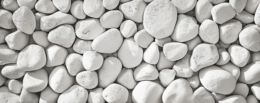 Collection of various rocks and pebbles. Smooth white stones with intricate patterns create abstract and soothing composition. Light and shadow enhances texture and depth to arrangement
