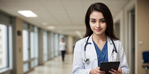 A female doctor is using a tablet in a hospital with copy space. Medical Technology Concept.