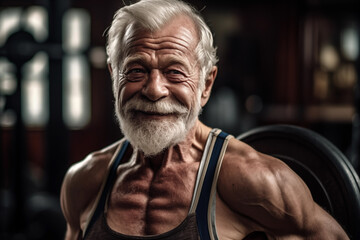 Old athle, Fitness man at workout. Elderly pensioner old man smiling in gym. 60-70 Year Old Bodybuilder. Old bodybuilder grandfather in gym. Pensioner with smile lifts weight in sports club.  - obrazy, fototapety, plakaty