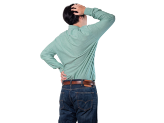 rear view, businessman wearing a work suit thinking or decision, Problem method, choice and doubt , man scratching his head isolated on transparent background with clipping path.
