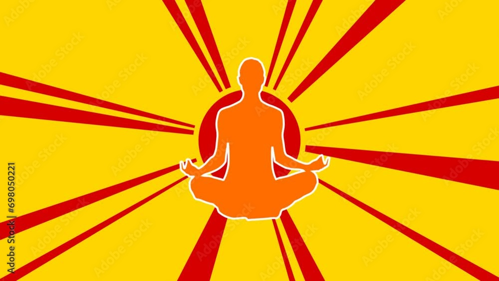 Poster yoga symbol on the background of animation from moving rays of the sun. large orange symbol increase