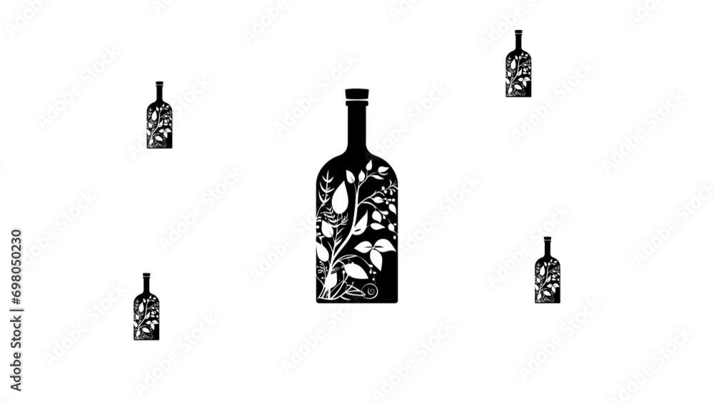 Poster zoom in and out animation the a branch in a bottle symbol. large black symbol in the center and four