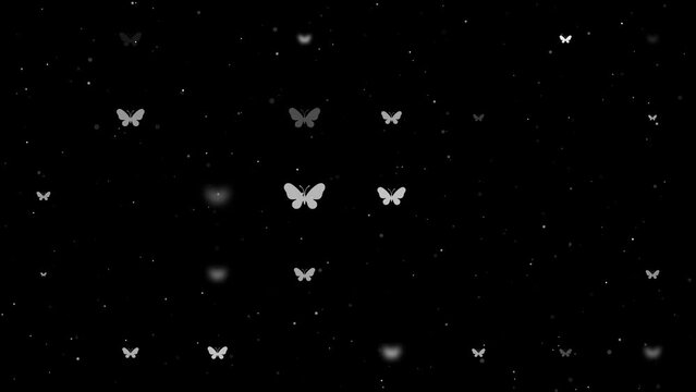 Template animation of evenly spaced butterfly symbols of different sizes and opacity. Animation of transparency and size. Seamless looped 4k animation on black background with stars