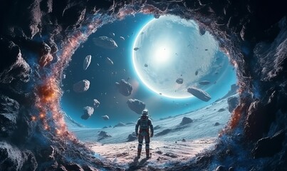 Astronaut observing another universe emerging from a portal, illustrated in a digital art style. - obrazy, fototapety, plakaty