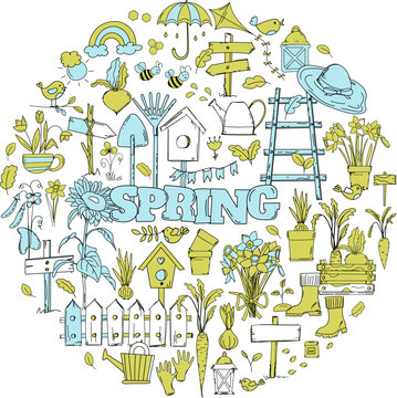 Hand-Drawn Vector Set Of Doodles On A Spring Theme, Featuring Flowers, Garden Tools, And Birdhouses