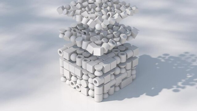 Cube with white geometric shapes. Abstract animation, 3d render.