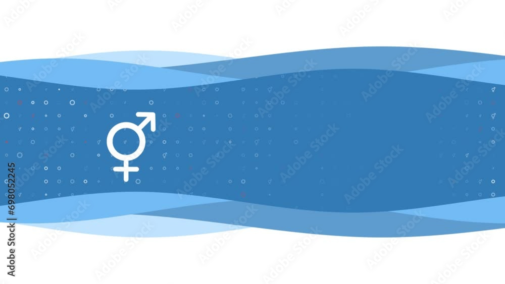 Poster animation of blue banner waves movement with white bigender symbol on the left. on the background th