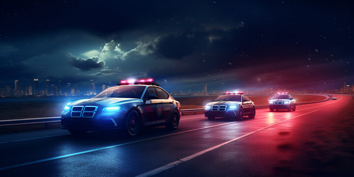 police car at night, Police car patrol with bluered flasher and serena driving in city on rainy night generative ai
