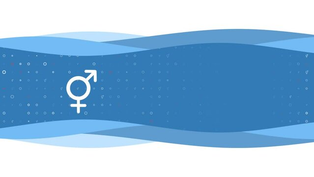 Animation of blue banner waves movement with white bigender symbol on the left. On the background there are small white shapes. Seamless looped 4k animation on chroma key background