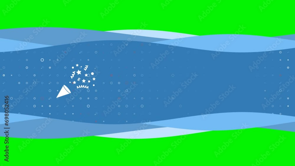 Poster animation of blue banner waves movement with white exploding party popper symbol on the left. on the