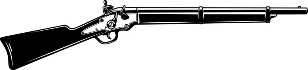 Illustration of old mushket gun isolated on white background. Design element for emblem, sign, poster, badge. Vector illustration - obrazy, fototapety, plakaty