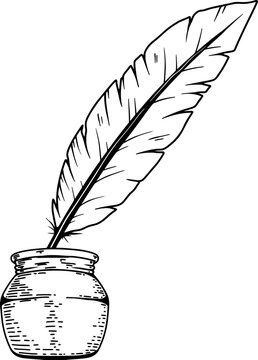 Ink bottle with goose feather in engraving style. Design element for poster, card, banner, sign. Vector illustration