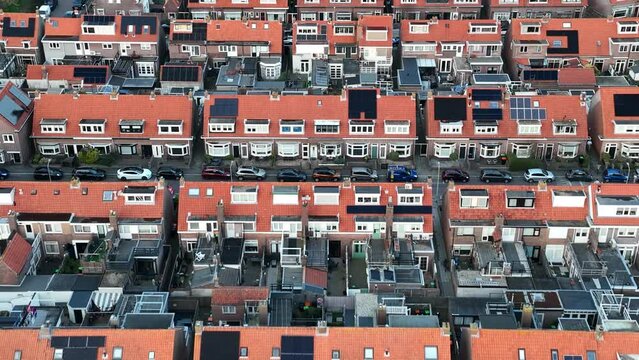 Drone shot over a residential district in daylight in Zwolle city in Overijssel in the Netherlands