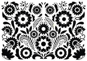 Mexican flower traditional pattern background in coloring style. Ethnic embroidery decoration ornament. Flower symmetry texture. Festive mexican floral motif. Vector illustration - obrazy, fototapety, plakaty