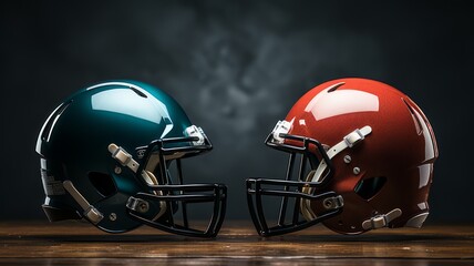 Two American football helmets facing each other - obrazy, fototapety, plakaty