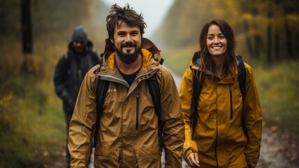 Fototapeta premium Hikers on a cloudy and rainy day