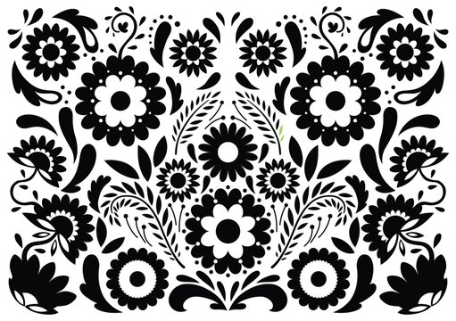 Mexican flower traditional pattern background in coloring style. Ethnic embroidery decoration ornament. Flower symmetry texture. Festive mexican floral motif. Vector illustration