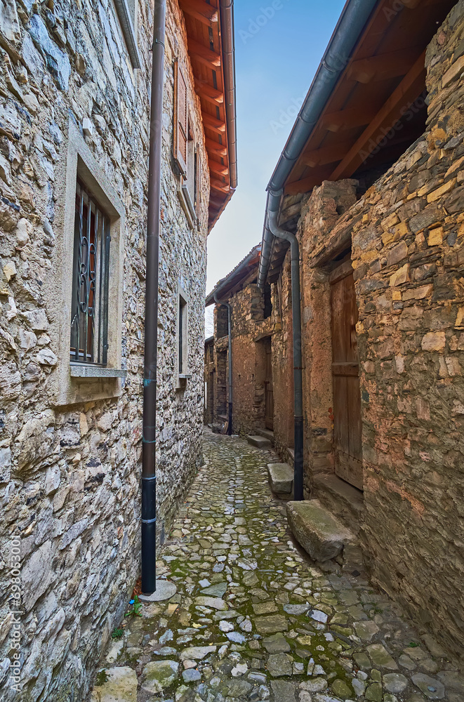 Poster The narrow stone alley, Bre, Ticino, Switzerland