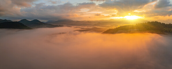 Mountains in clouds at sunrise in summer. Aerial view of mountain peak with green trees in fog. Beautiful landscape with high rocks, forest, sky.