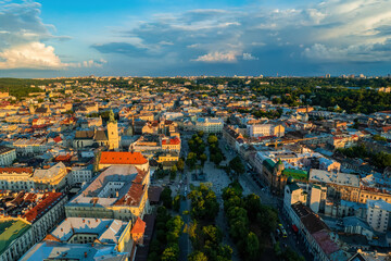 Panoramic summer view from drone on historical center of Lviv city - obrazy, fototapety, plakaty
