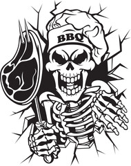 Human skeleton skeleton wearing chef hat and holding steak on a grill fork 
