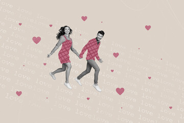 Creative collage picture of two funky black white colors partners hold arms running love hearts isolated on beige background