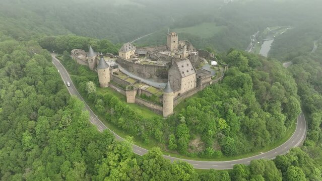 Drone footage of the medieval castle of Bourscheid located near Bourscheid village, Luxembourg