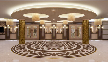 Luxurious wedding reception in a grand and glamorous indoor ballroom 3d render 