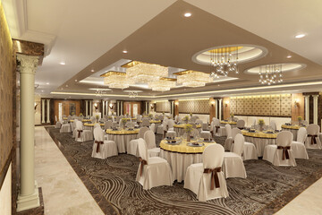 Luxurious wedding reception in a grand and glamorous indoor ballroom 3d render 