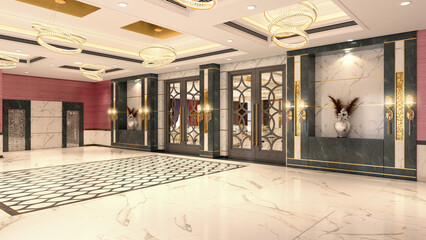Luxurious wedding reception in a grand and glamorous indoor ballroom 3d render 