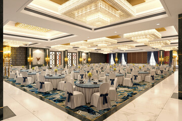Luxurious wedding reception in a grand and glamorous indoor ballroom 3d render  - obrazy, fototapety, plakaty