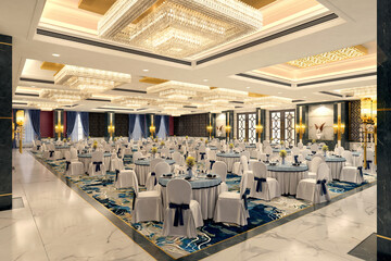 Luxurious wedding reception in a grand and glamorous indoor ballroom 3d render 
