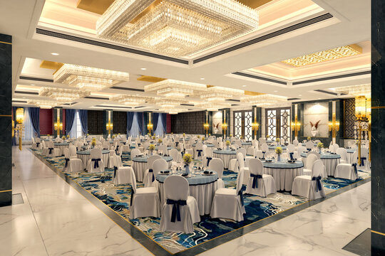 Luxurious wedding reception in a grand and glamorous indoor ballroom 3d render 