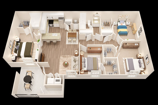 1bhk 2bhk 3bhk with parking  3D floor plan 3d modelling render concept .