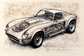 Fototapeta premium Classic Engineering Technical Illustration of an Old-School Sports Car