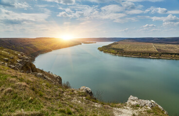 Awesome morning view from flying drone of Bakotska Bay. Fantastic summer sunrise on Dnister river, Ukraine, Europe.